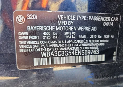 2014 BMW 320 I xDrive z USA, uszkodzony, nr VIN WBA3C3G54ENS69763